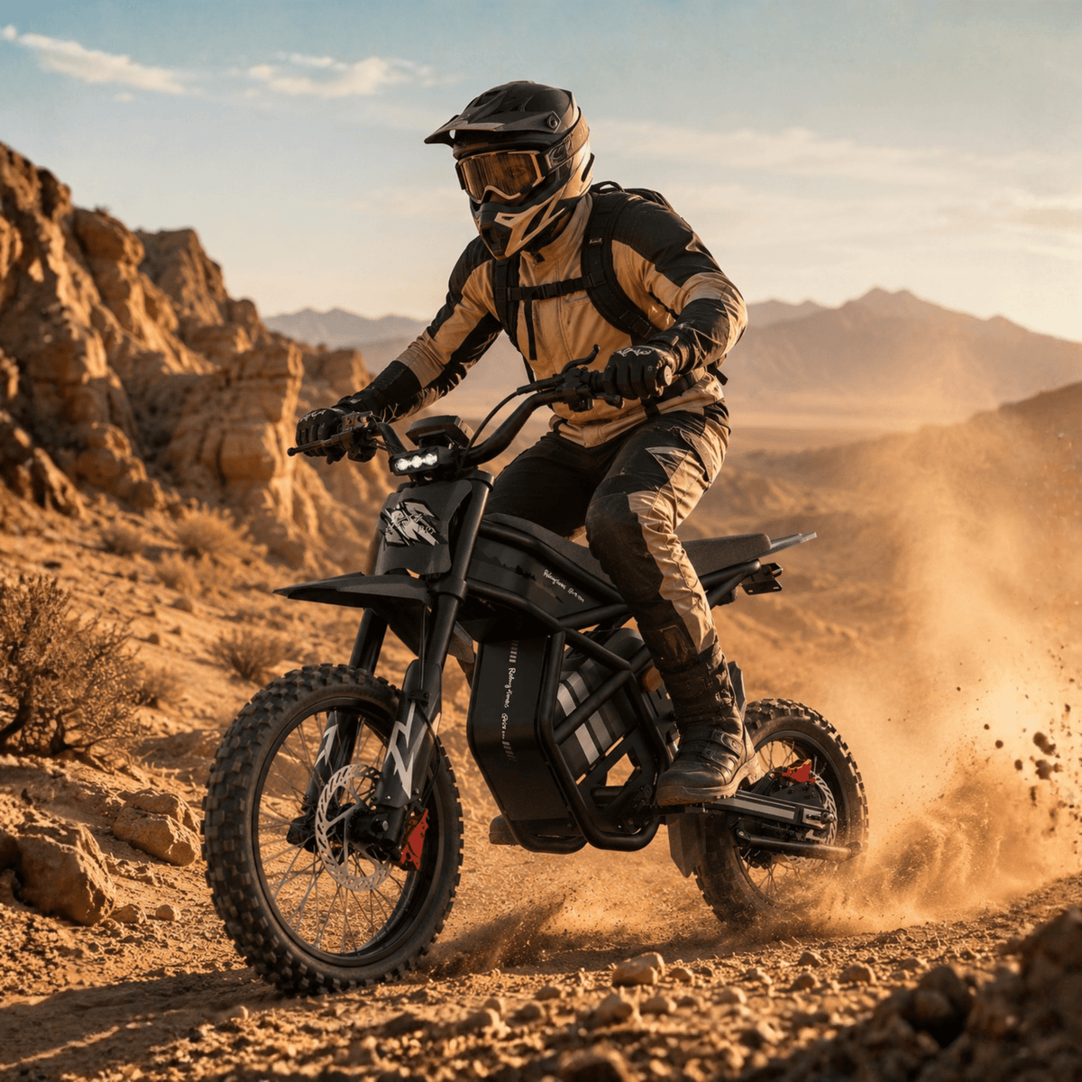 Pilota con la moto da cross elettrica Ridingtimes GT54 Pro in fuoristrada