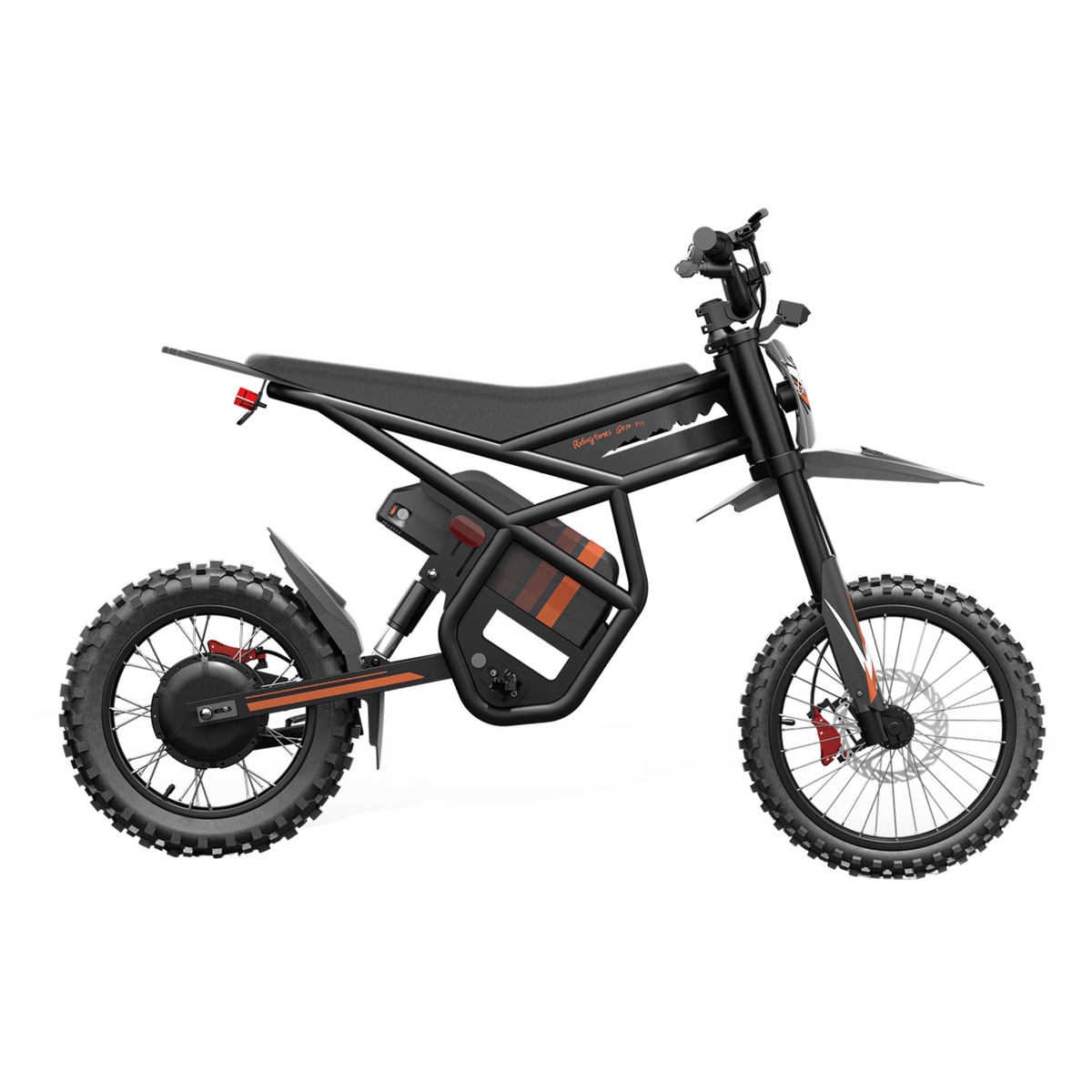 Moto da cross elettrica Ridingtimes GT54 Pro vista di tre quarti da dietro su sfondo bianco