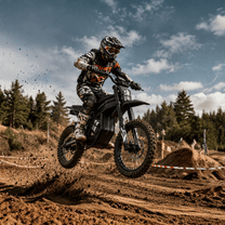 Pilota con la moto da cross elettrica Ridingtimes GT54 Pro in fuoristrada su terreno sabbioso