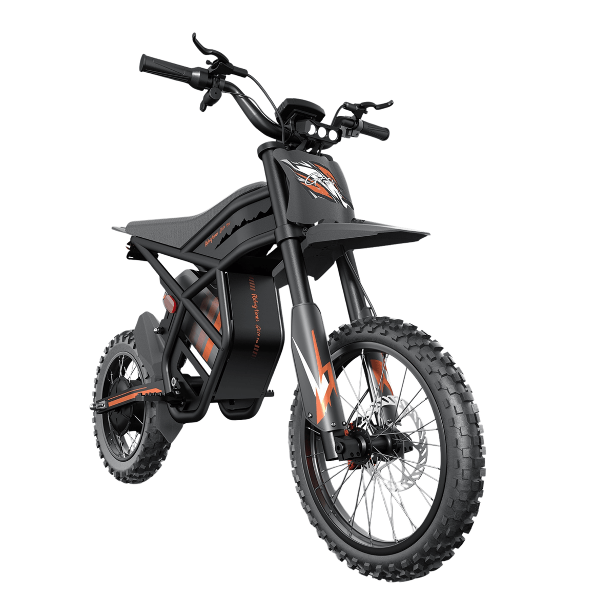 Moto da cross elettrica Ridingtimes GT54 Pro vista di tre quarti su sfondo bianco