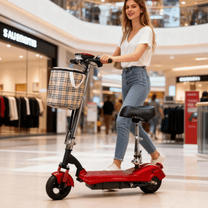 Donna alla guida del monopattino elettrico SEEDREAM M5 in un centro commerciale