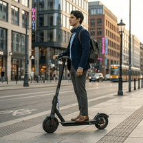 Uomo in piedi con il monopattino elettrico SEEDREAM RED WING MINI in città