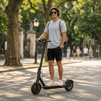 Uomo in piedi con il monopattino elettrico SEEDREAM RED WING MINI in un parco