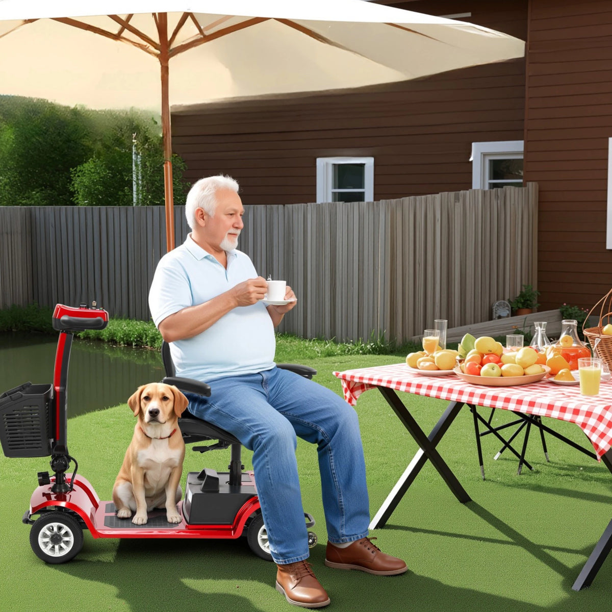 Persona seduta accanto allo scooter per disabili SEEDREAM S-02 in un giardino