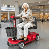 Donna anziana seduta sullo scooter per disabili SEEDREAM X-02 in un centro commerciale