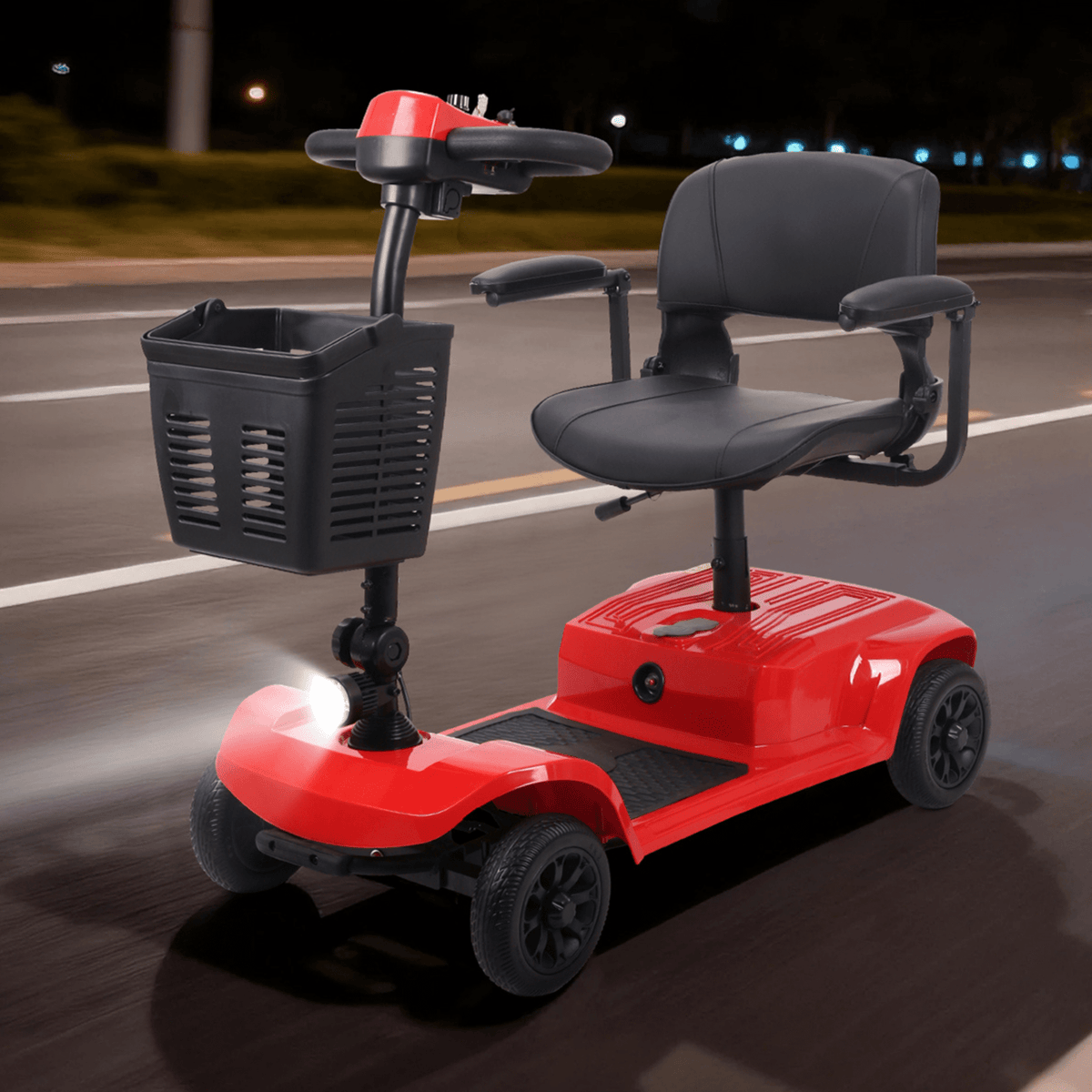 Scooter per disabili SEEDREAM X-02B Lucas con le luci accese in un ambiente serale