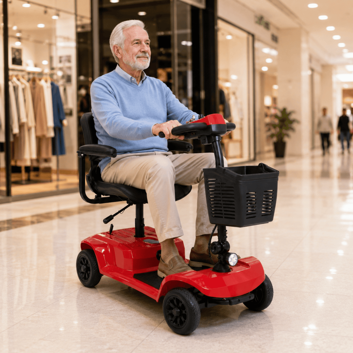 Uomo anziano seduto sullo scooter per disabili SEEDREAM X-02B Lucas in un centro commerciale