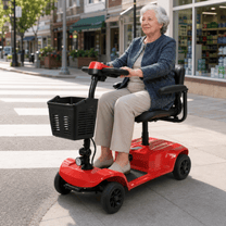 Donna anziana seduta sullo scooter per disabili SEEDREAM X-02B Lucas in città
