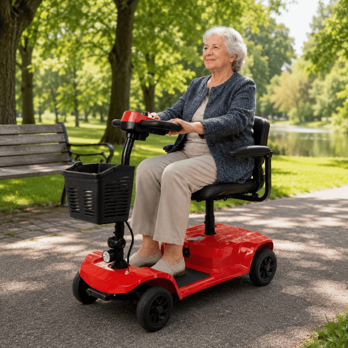 Donna anziana seduta sullo scooter per disabili SEEDREAM X-02B Lucas in un parco