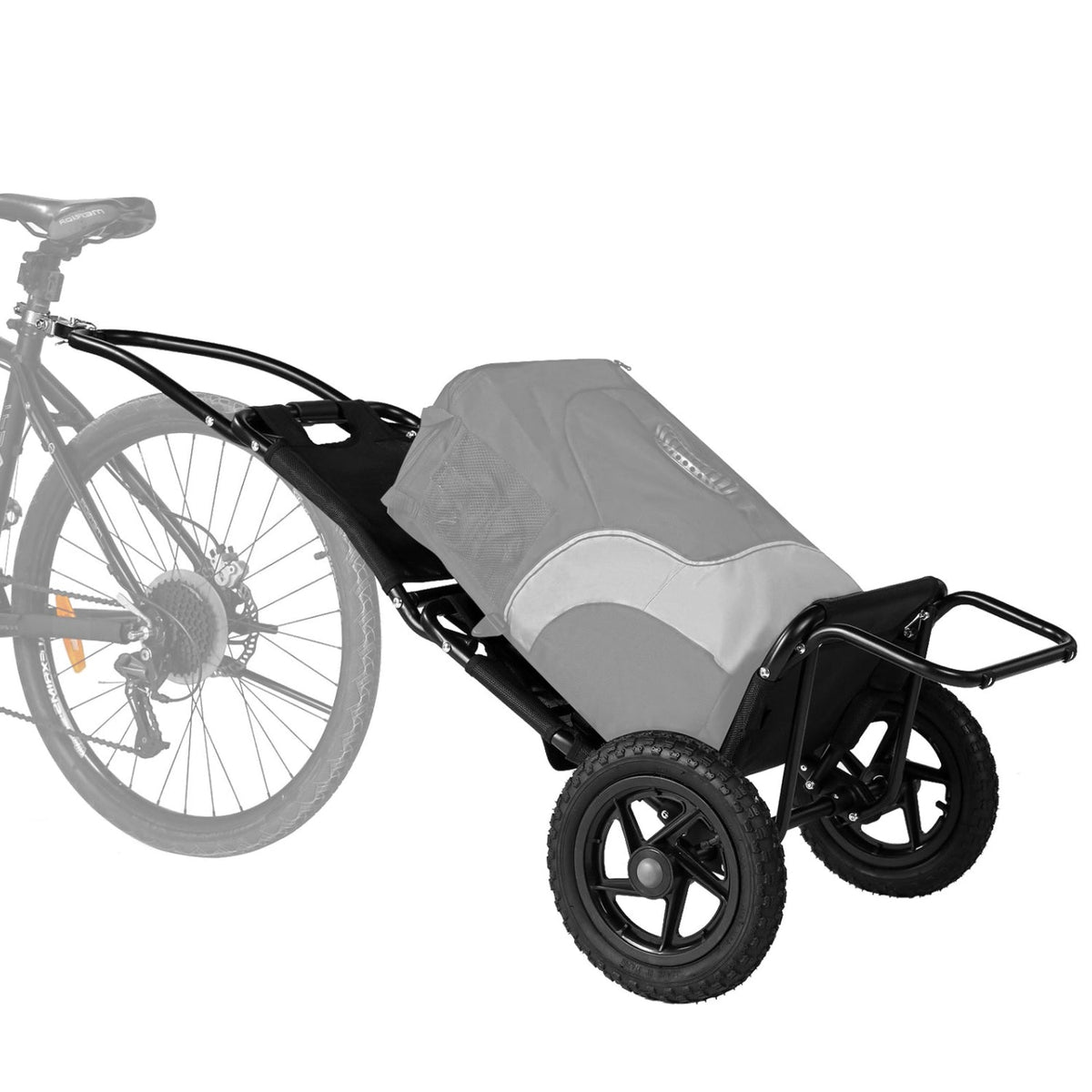 Carrello da traino Smart in nero visto di lato agganciato a una bicicletta
