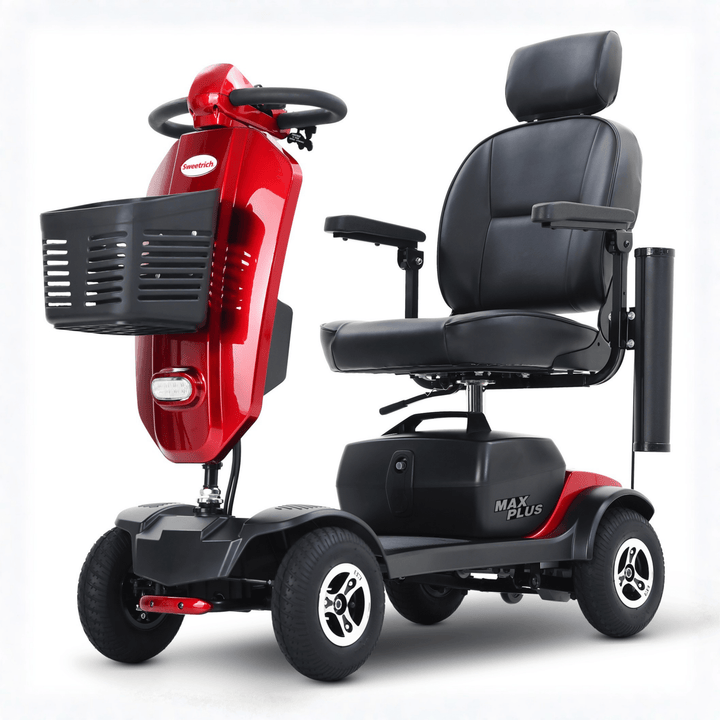Scooter per disabili Sweetrich Max Plus visto di tre quarti in colore rosso