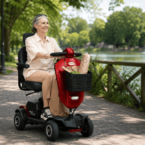 Donna anziana seduta sullo scooter per disabili Sweetrich Max Plus in riva a un lago