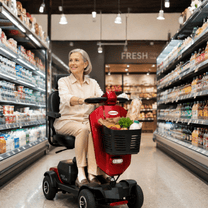 Donna anziana seduta sullo scooter per disabili Sweetrich Max Plus in un centro commerciale