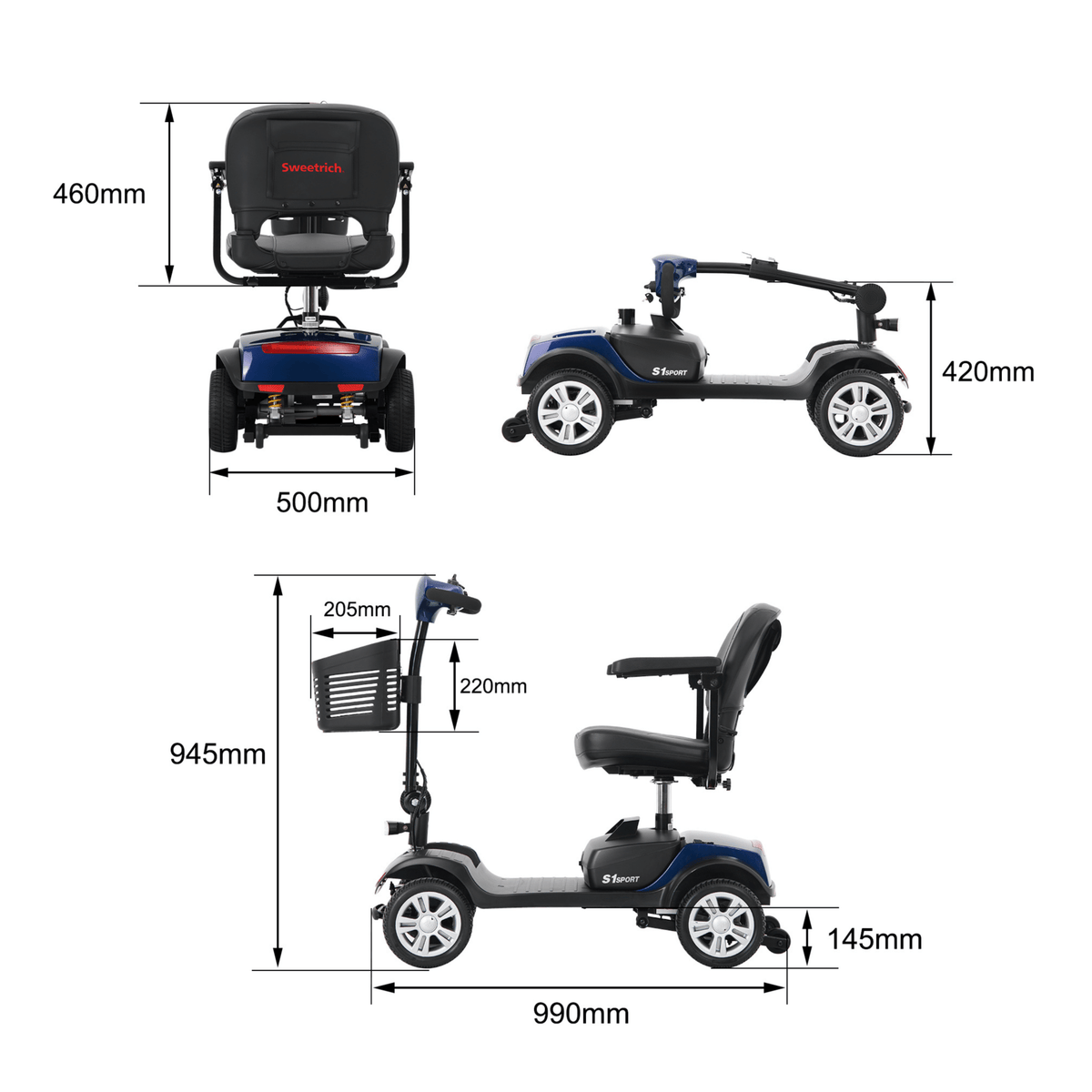Disegno con le misure dello scooter per disabili Sweetrich S1 Sport