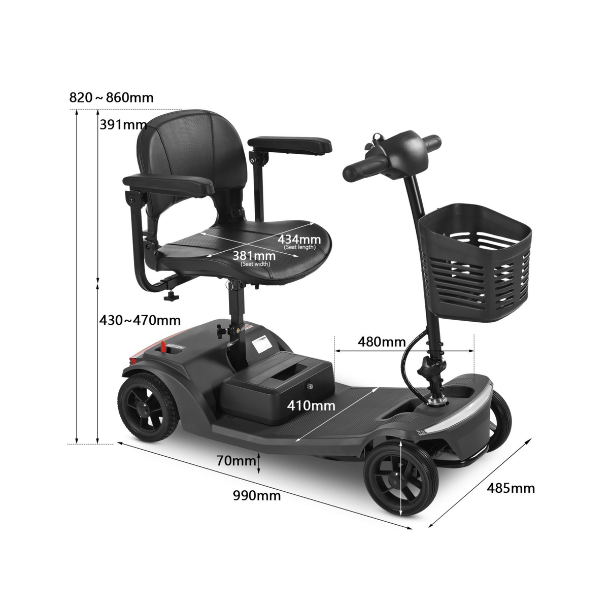 Disegno con le misure dello scooter per disabili Sweetrich S2