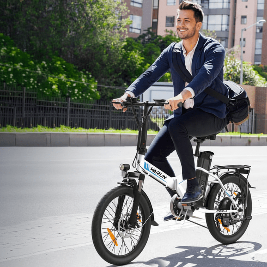 Uomo alla guida della bici elettrica pieghevole VARUN C20-1 Pro in colore bianco in città