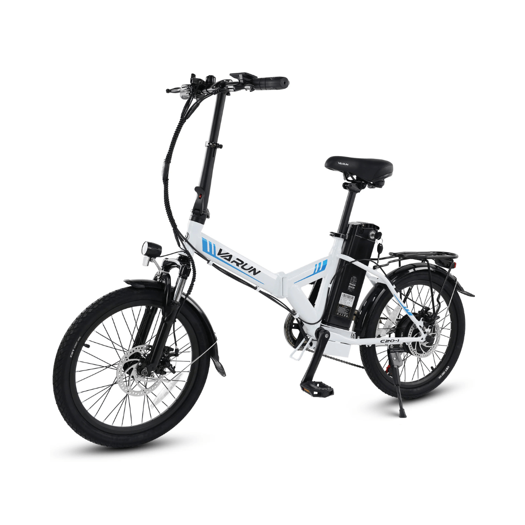 Bici elettrica pieghevole VARUN C20-1 Pro vista di tre quarti in colore bianco