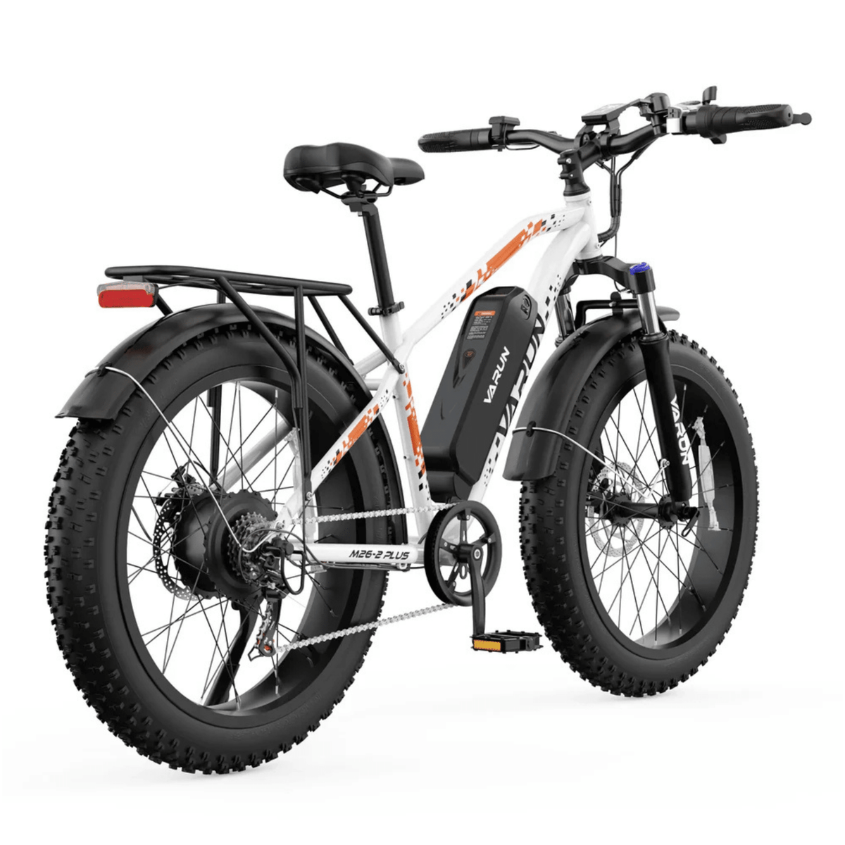 Fat bike elettrica VARUN M26-2 Plus vista di tre quarti da dietro in colore bianco