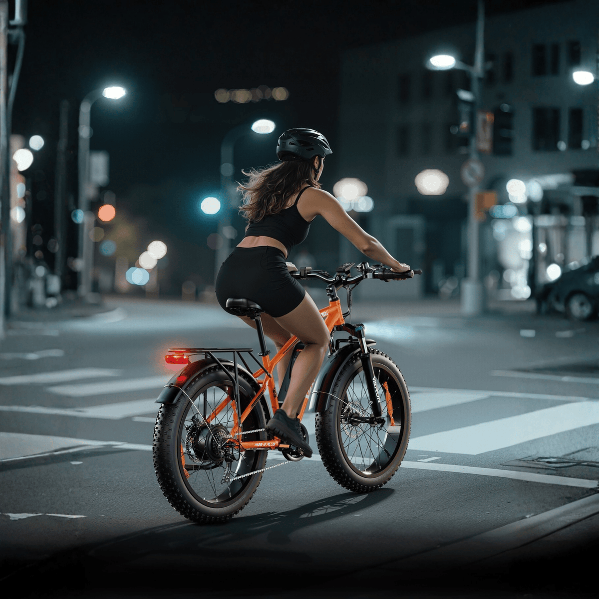 Donna alla guida della fat bike elettrica VARUN M26-2 Plus in colore arancione con il casco in un ambiente serale