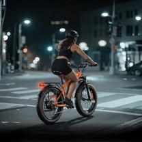 Donna alla guida della fat bike elettrica VARUN M26-2 Plus in colore arancione con il casco in un ambiente serale