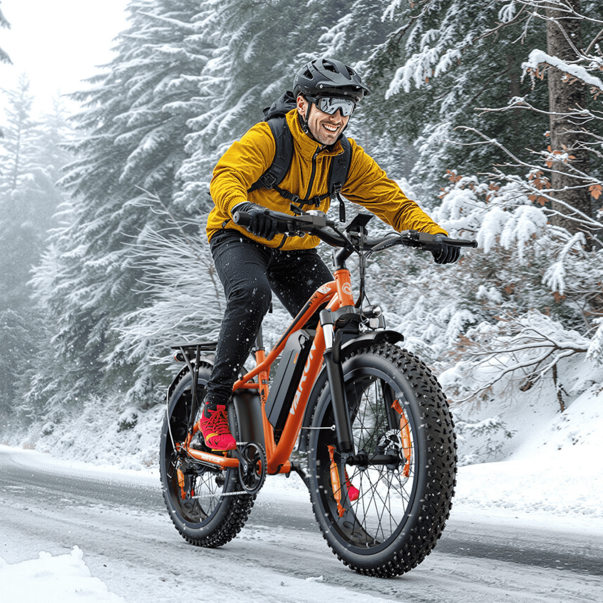 Uomo alla guida della fat bike elettrica VARUN M26-2 Plus in colore arancione con il casco sulla neve