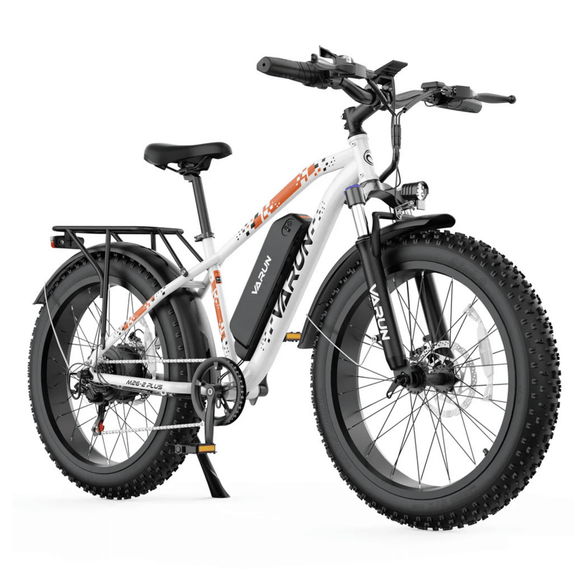 Fat bike elettrica VARUN M26-2 Plus vista di tre quarti dal lato opposto in colore bianco