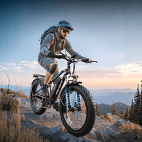 Pilota che salta con la fat bike elettrica VARUN M26-2 Plus con il casco in montagna