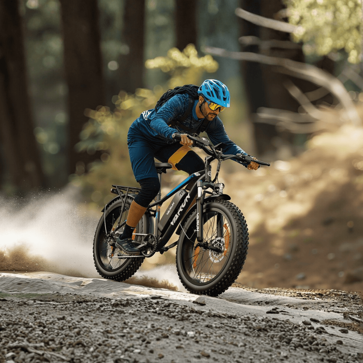 Pilota con la fat bike elettrica VARUN M26-2 Plus in fuoristrada con il casco nel bosco