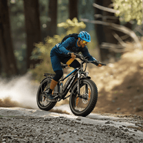 Pilota con la fat bike elettrica VARUN M26-2 Plus in fuoristrada con il casco nel bosco