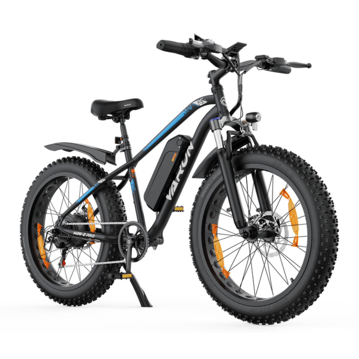 Fat bike elettrica VARUN M26-2 Pro vista di tre quarti dal lato opposto in colore nero