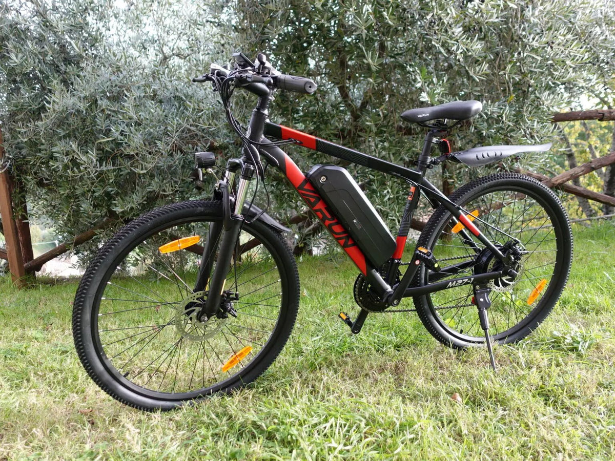 Mountain bike elettrica VARUN M27-1 Pro vista di lato in colore rosso parcheggiata su un prato