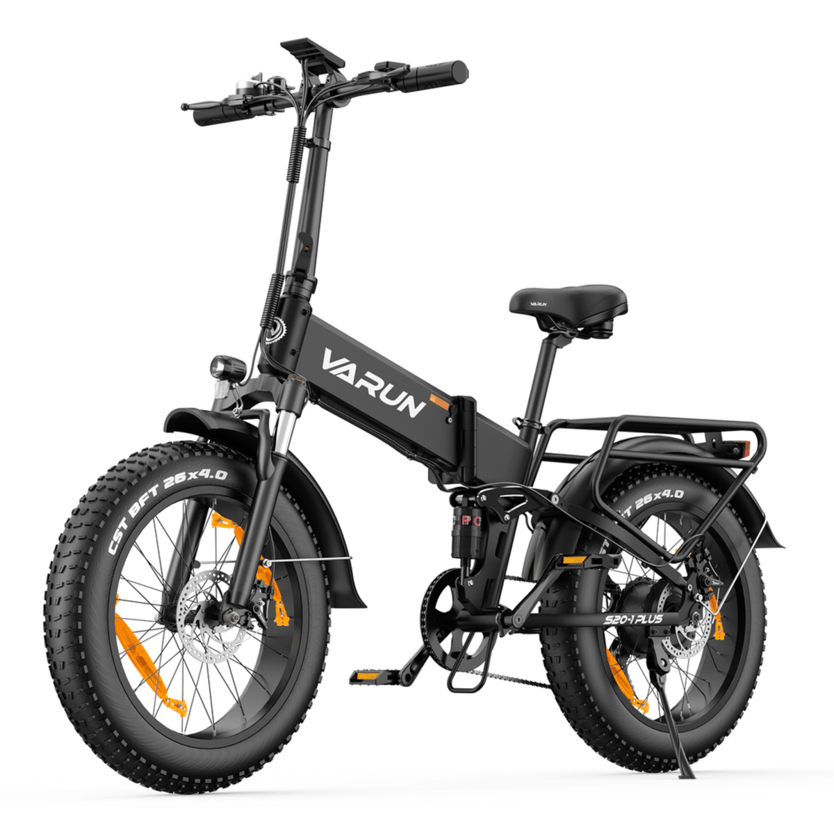 Fat bike elettrica pieghevole VARUN S20-1 Plus vista di tre quarti in colore nero