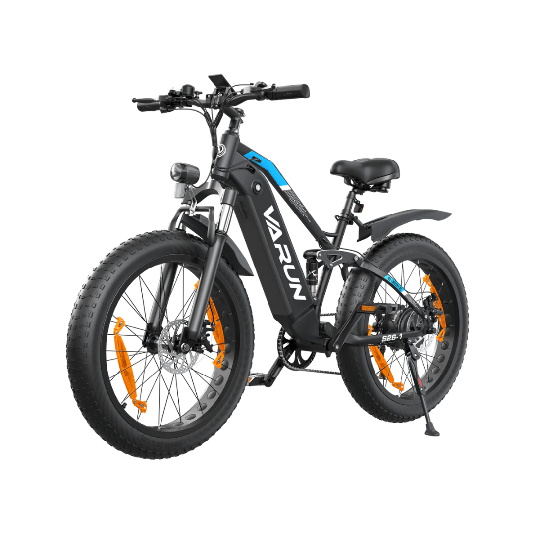 Fat bike elettrica VARUN S26-1 vista di tre quarti in colore nero