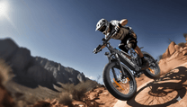 Pilota che salta con la fat bike elettrica VARUN S26-1 con il casco su un sentiero