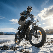 Uomo alla guida della fat bike elettrica VARUN X-Plorer Raptor con il casco sulla neve