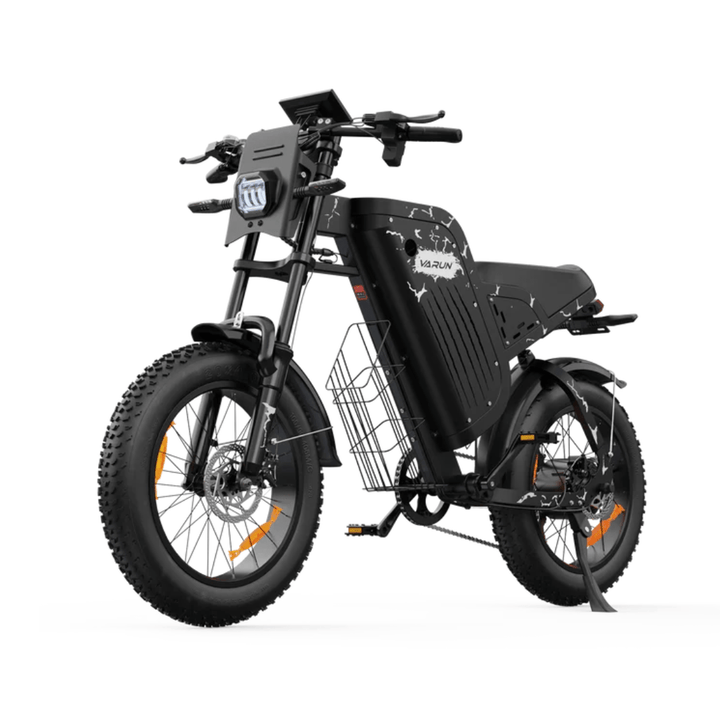 Fat bike elettrica VARUN X-Plorer Raptor vista di tre quarti in colore nero