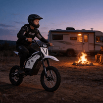 Moto da cross elettrica Vipcoo H2 con le luci accese in un ambiente serale