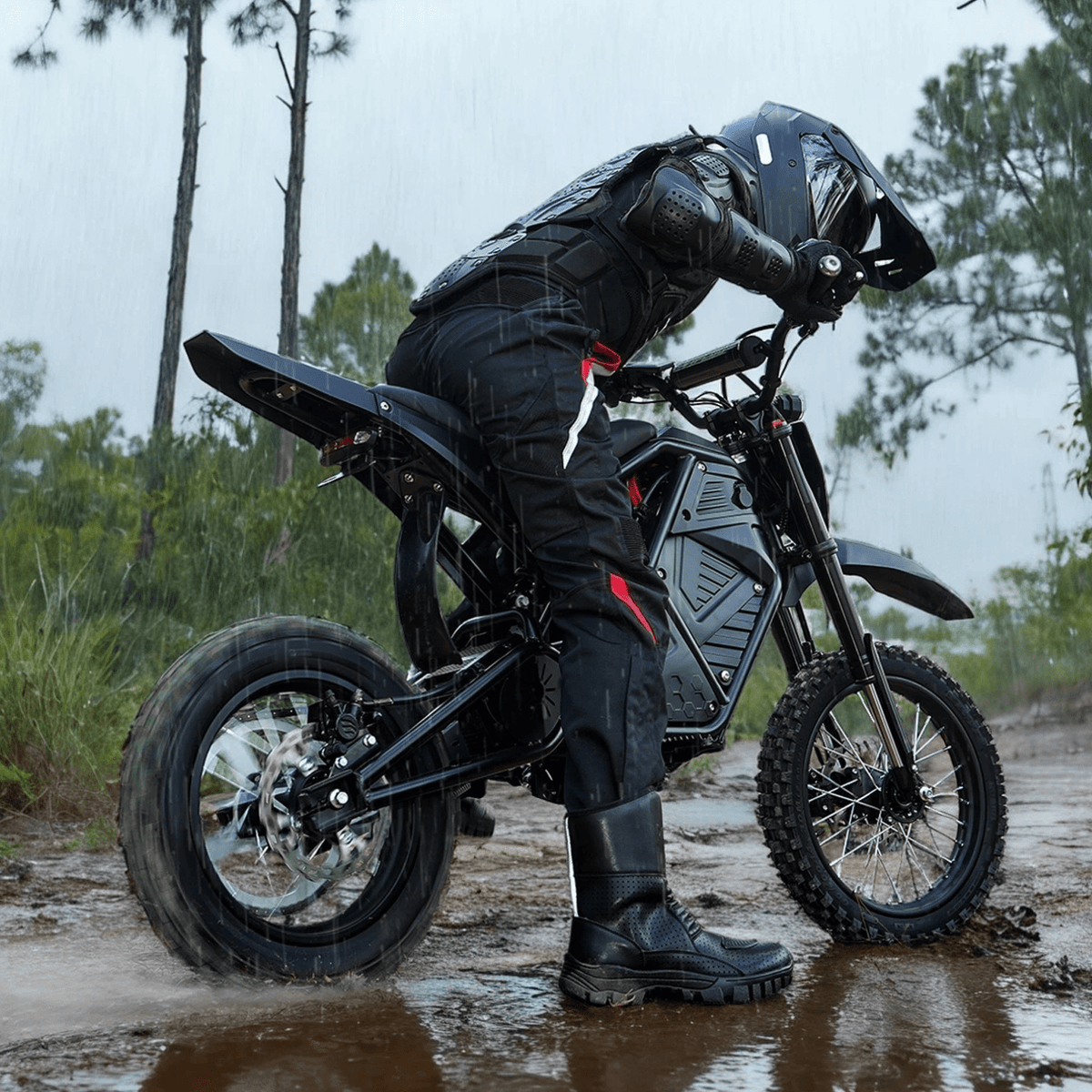 Pilota con la moto da cross elettrica Vipcoo H3 in fuoristrada nel bosco