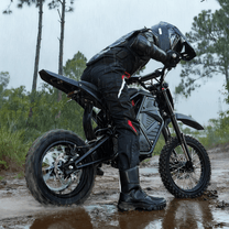 Pilota con la moto da cross elettrica Vipcoo H3 in fuoristrada nel bosco