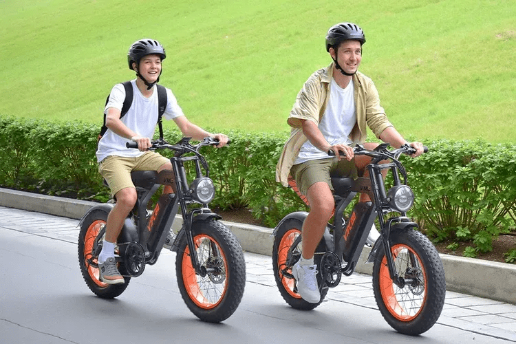 Due persone con la fat bike elettrica VIPCOO VM6 con il casco in un parco