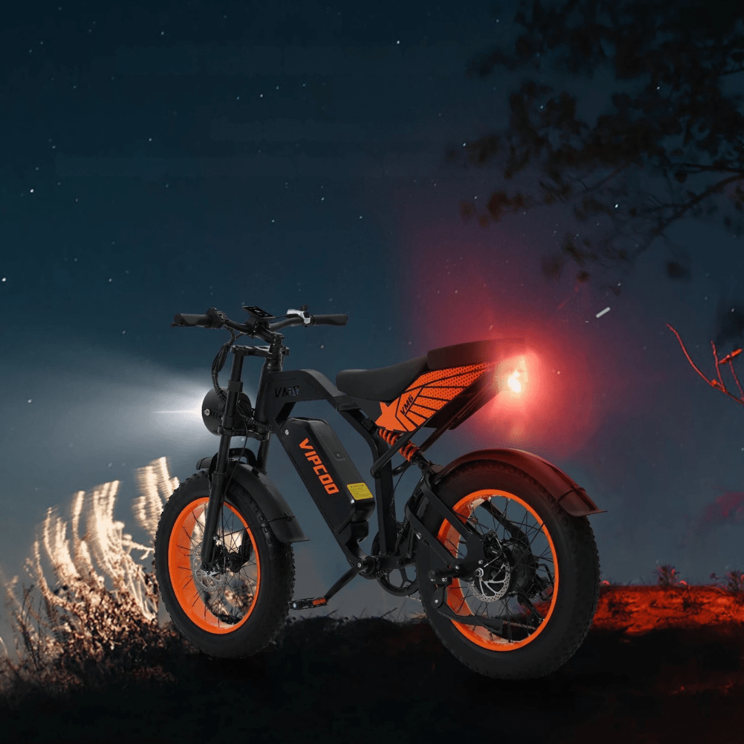 Fat bike elettrica VIPCOO VM6 vista di lato con le luci accese in un ambiente serale