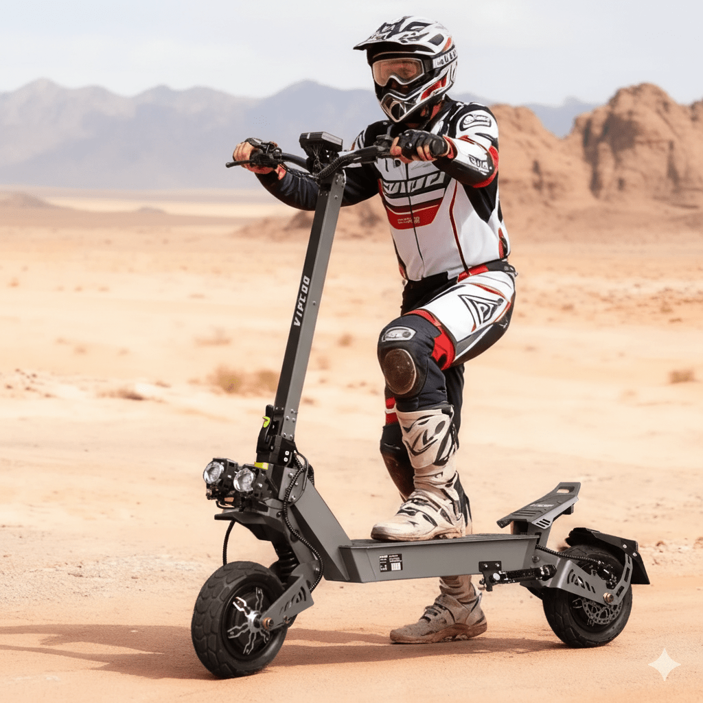 Uomo in piedi con il monopattino elettrico VIPCOO VS9 nel deserto