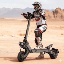 Uomo in piedi con il monopattino elettrico VIPCOO VS9 nel deserto