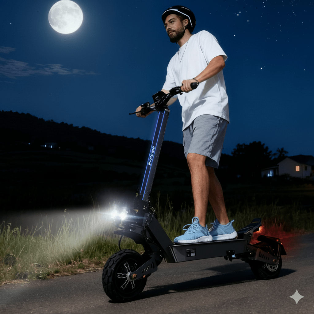 Uomo alla guida del monopattino elettrico VIPCOO VS9 in un ambiente serale