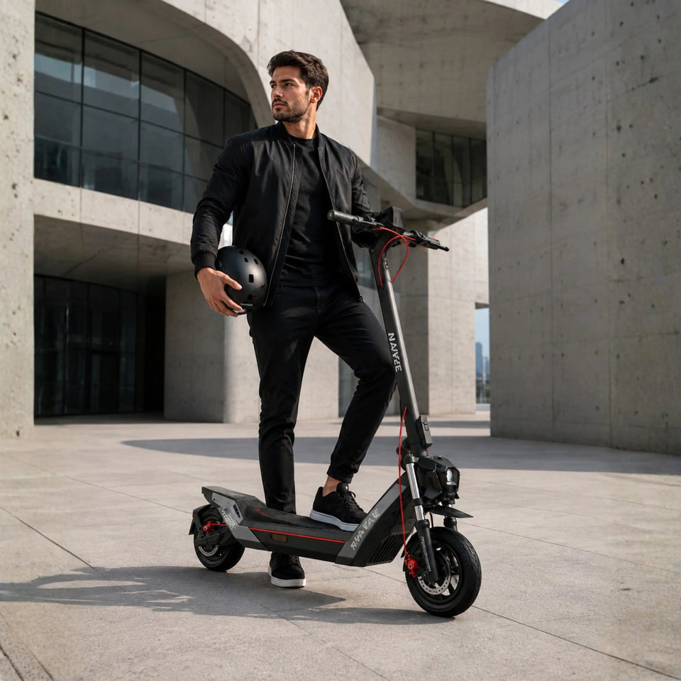 Monopattino elettrico Wheelyshop – monopattino NAVEE davanti a un’architettura moderna