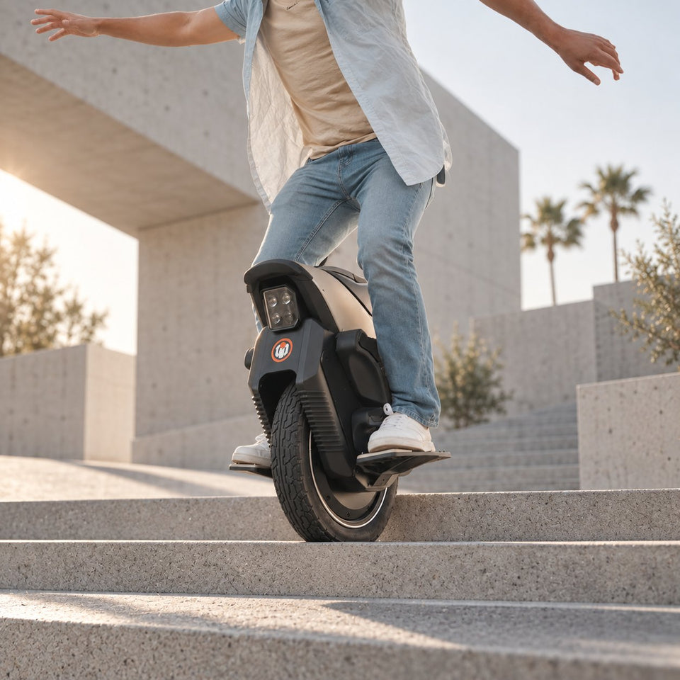 Monoruota elettrico Wheelyshop – rider in equilibrio su una scalinata in cemento al sole