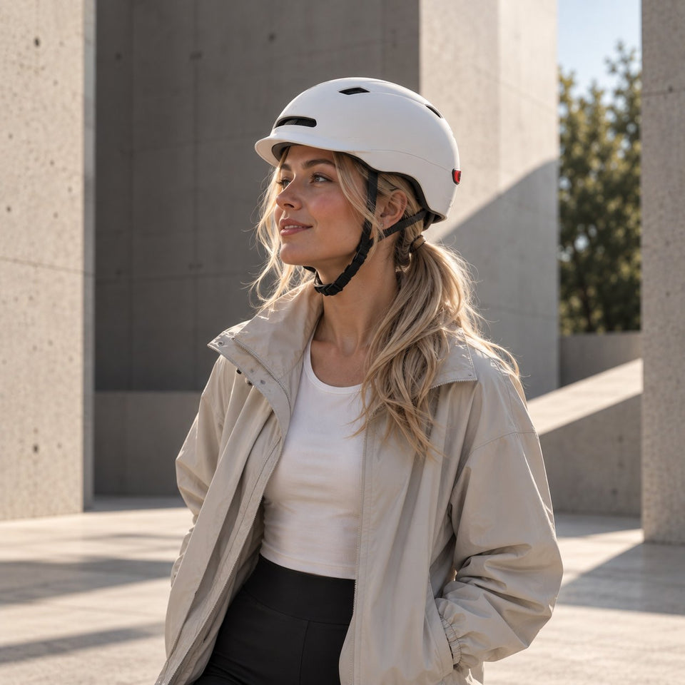 Accessori Wheelyshop – ciclista con casco bianco in città