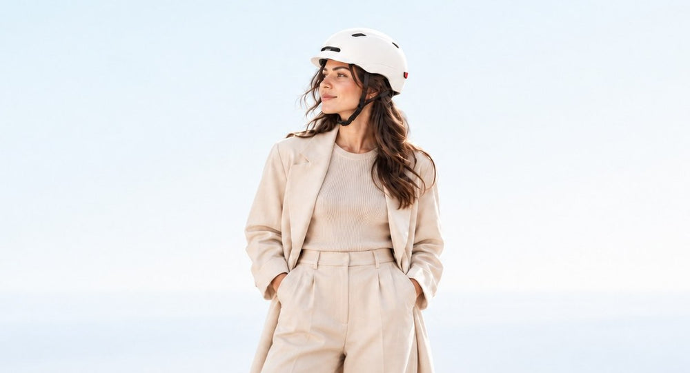 Casco per monopattino e bici elettrica da Wheelyshop – donna con cappotto beige e casco bianco sotto un cielo azzurro