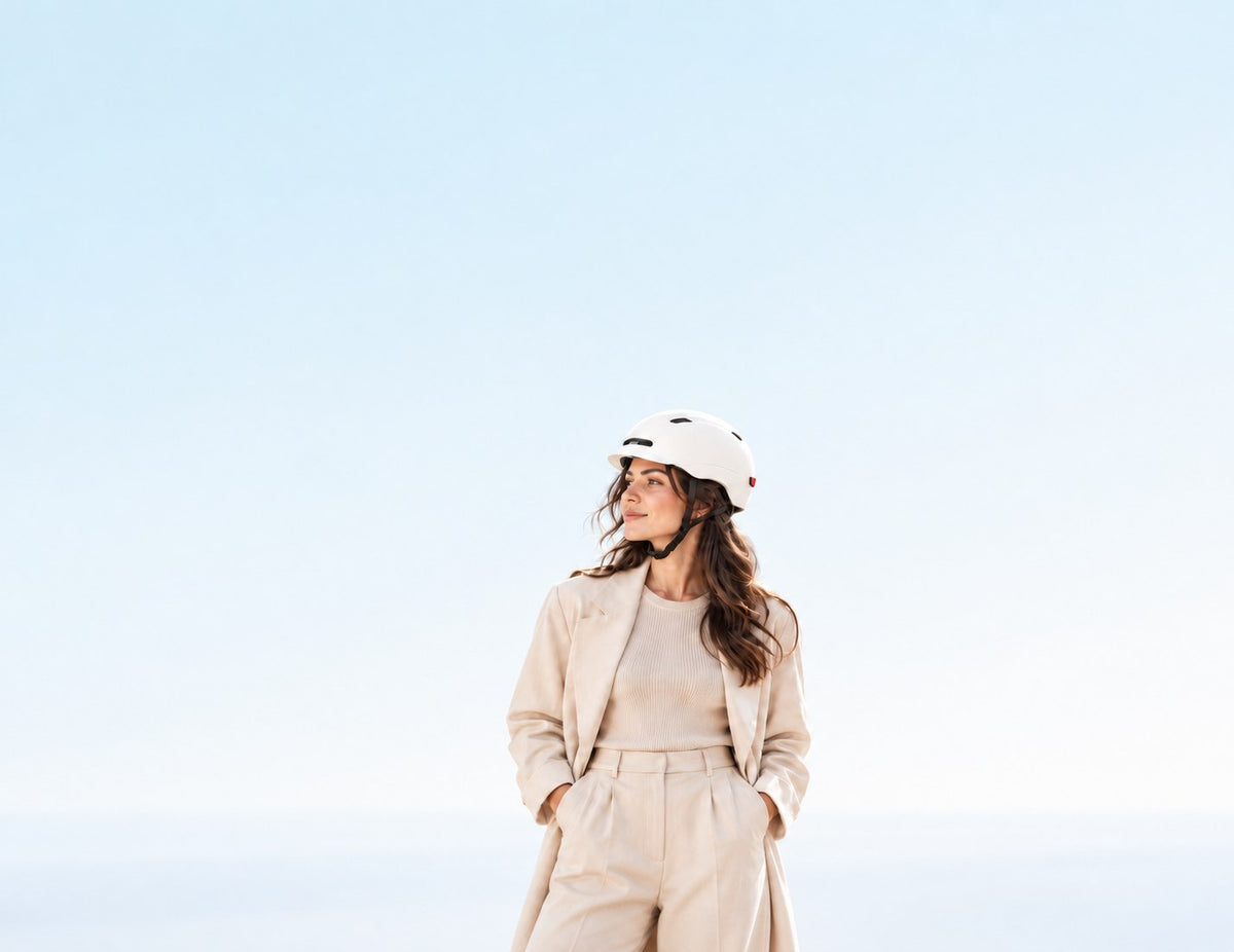 Casco per monopattino e bici elettrica da Wheelyshop – donna con cappotto beige e casco bianco sotto un cielo azzurro