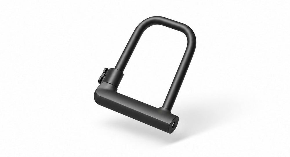 Lucchetto per monopattino e bici elettrica da Wheelyshop – lucchetto a U nero su sfondo bianco